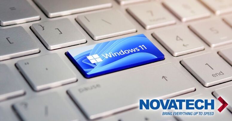A close-up shot of a laptop keyboard features a prominent Windows 11 key and the Novatech logo.