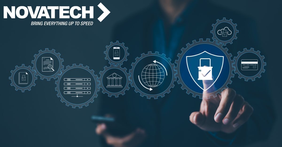 A hand touches a digital interface displaying a network of interconnected icons representing various technological