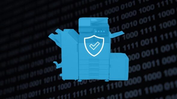 A blue silhouette of a multifunction printer with a white shield and checkmark icon is superimposed over a dark