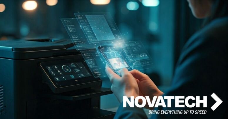 A person interacts with a futuristic holographic interface projected from a smartphone, seemingly controlling a nearby