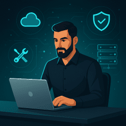 A bearded man works on a laptop