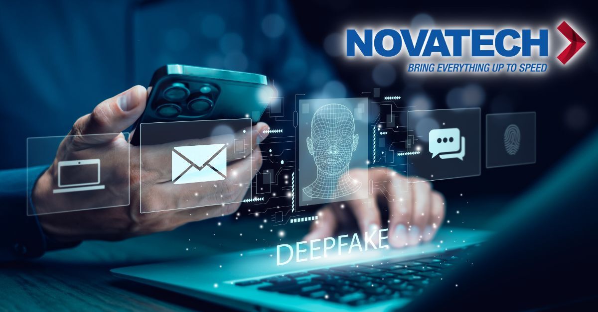 A person's hands interact with a smartphone and laptop, surrounded by digital icons and a wireframe of a face, with the