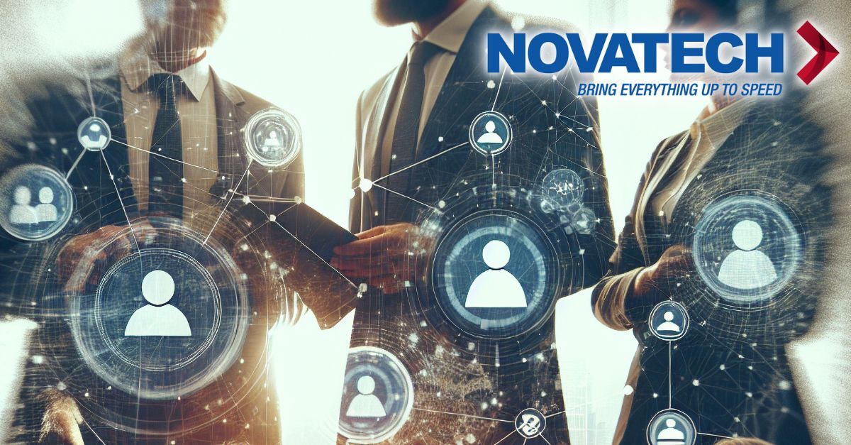 Three business professionals are depicted in a digital network overlay, with the 