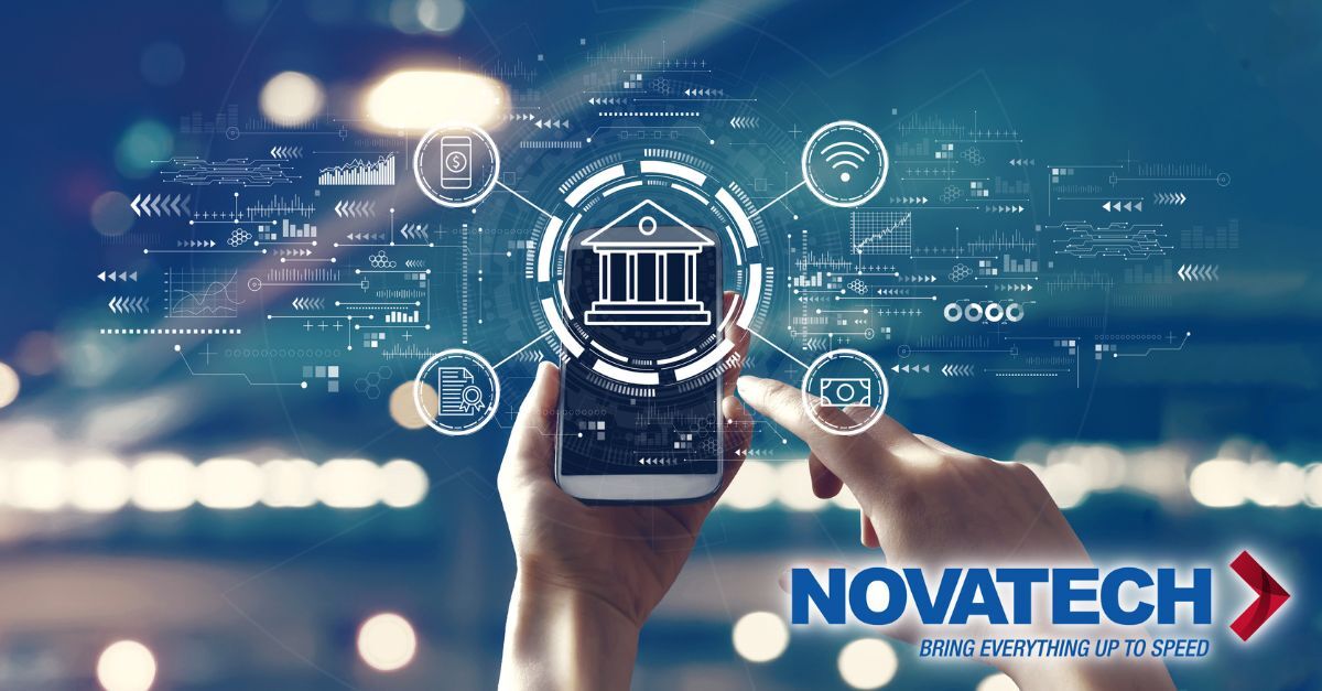 A smartphone displays a digital banking interface with icons representing financial services, set against a blurred