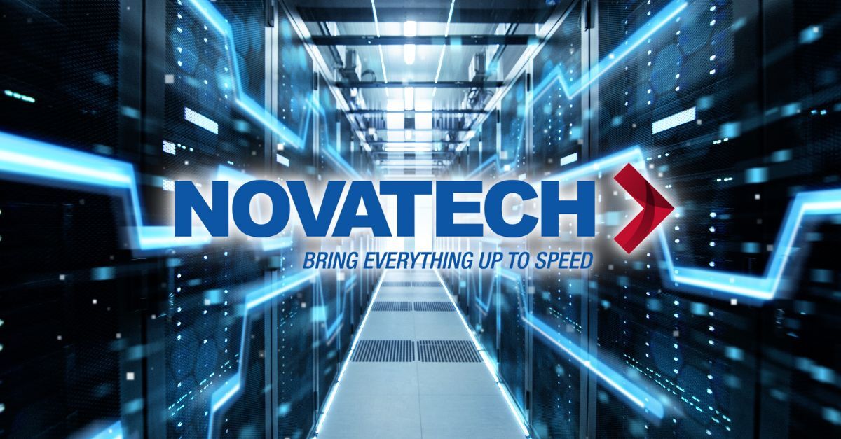 A server room with glowing blue lines and the Novatech logo, featuring the tagline 
