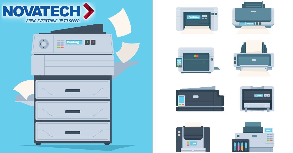 A Novatech advertisement showcases a large office copier alongside a grid of various printer models.