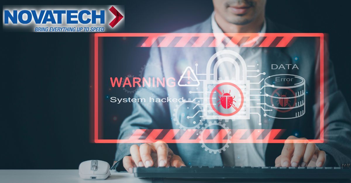 A person in a suit is shown working on a computer with a digital overlay indicating a 