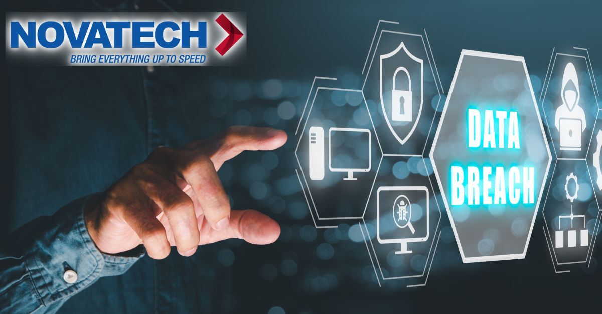 A hand reaches towards a digital interface displaying icons related to cybersecurity and the words 