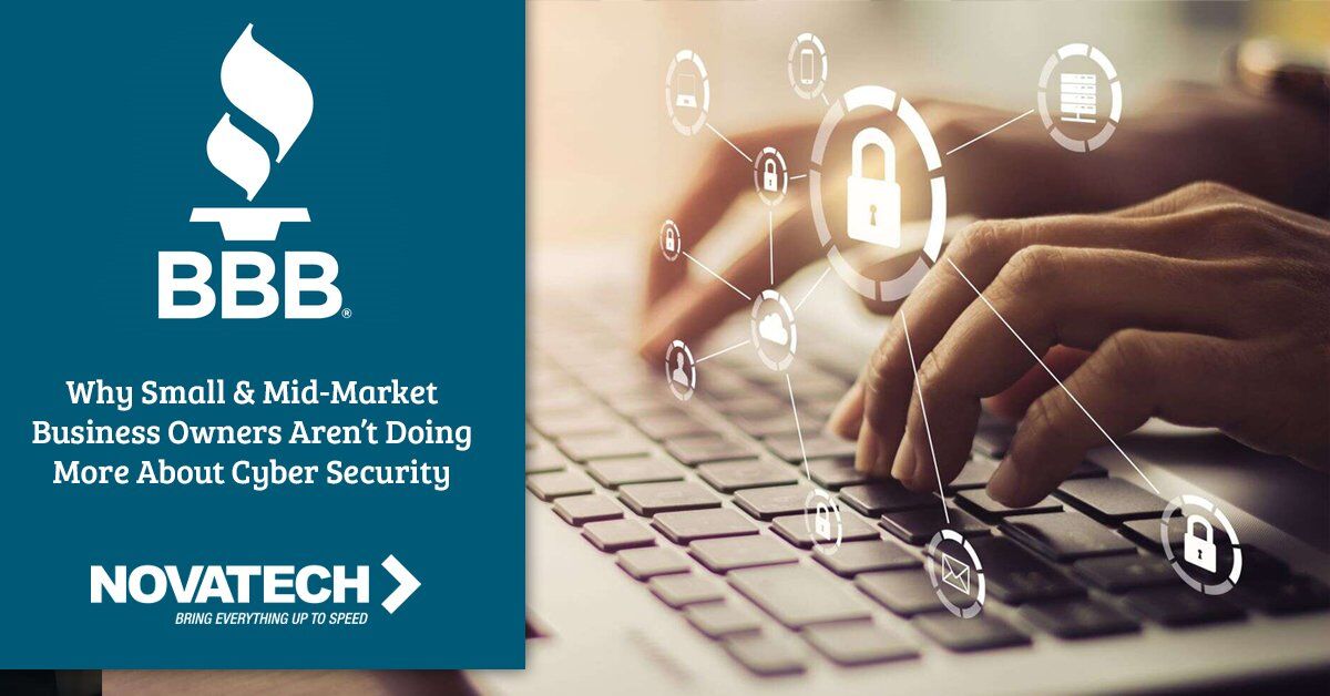 A graphic displays the BBB logo and text about cybersecurity challenges for small and mid-market businesses, overlaid