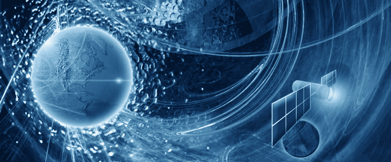 A satellite orbits a stylized Earth amidst swirling blue lines and abstract patterns, suggesting global connectivity