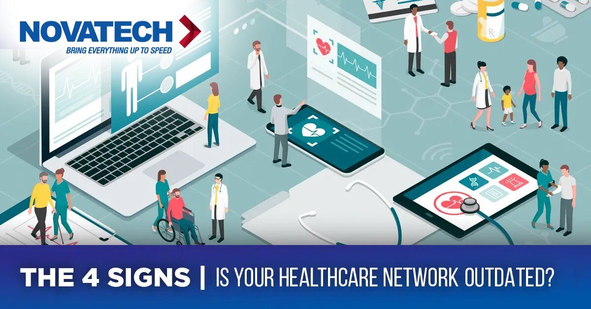 This graphic illustrates a modern healthcare setting with digital devices and medical professionals, highlighting the