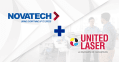 This image announces the acquisition of United Laser by Novatech, featuring their respective logos and a tagline