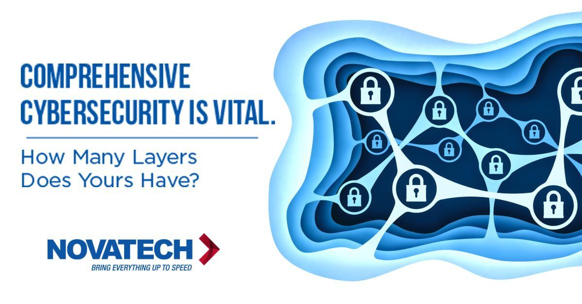 This image is a graphic promoting cybersecurity services, featuring text about the importance of comprehensive