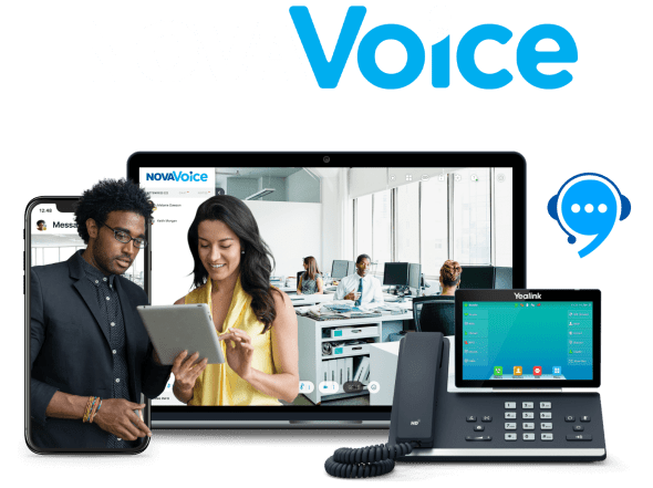 A modern office communication system is showcased with a smartphone, tablet, laptop, and desk phone displaying the