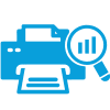 A blue icon depicts a printer with a magnifying glass over a bar graph, symbolizing print analytics.