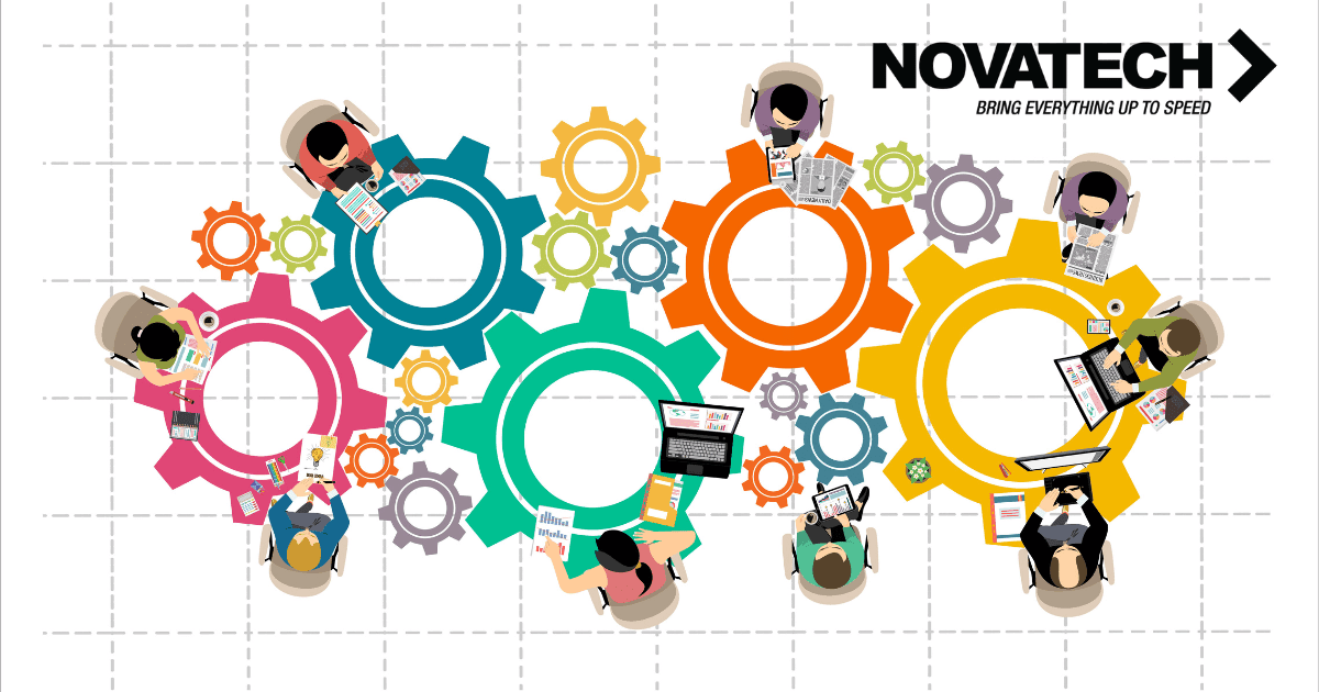 A team of people collaborate around large gears, symbolizing teamwork and efficiency for the company Novatech.