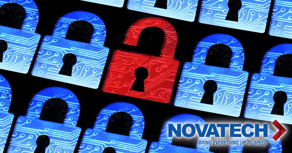 A red padlock stands out among a pattern of blue padlocks, all adorned with circuit board designs, with a company logo