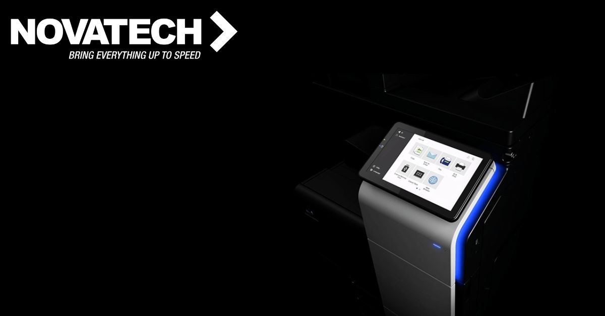 A modern office multifunction printer with a large touchscreen interface is prominently featured against a dark