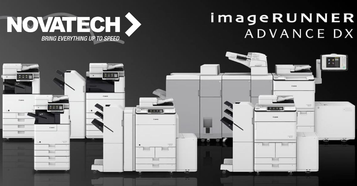 An advertisement displays a collection of Canon imageRUNNER ADVANCE DX multifunction printers and copiers, branded by