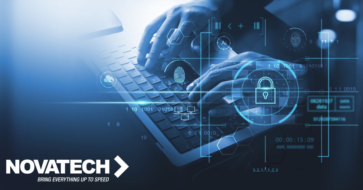 A person types on a laptop amidst a blue-toned digital interface showcasing cybersecurity, artificial intelligence, and