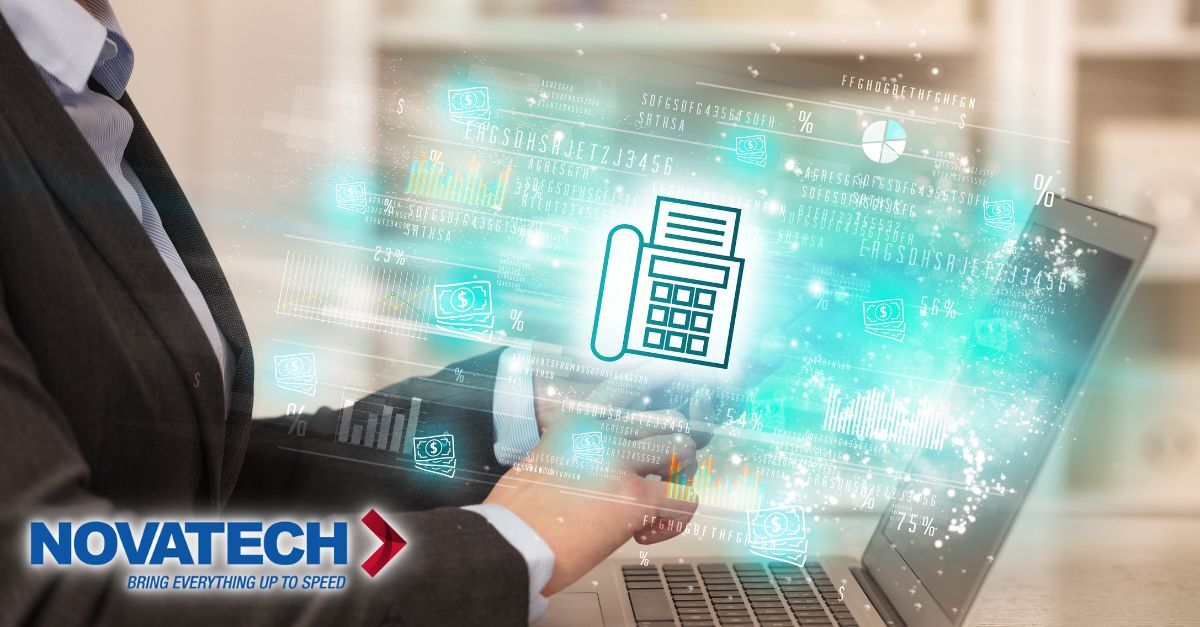 A businessman in a suit interacts with a futuristic digital interface displaying financial data and a fax machine icon.