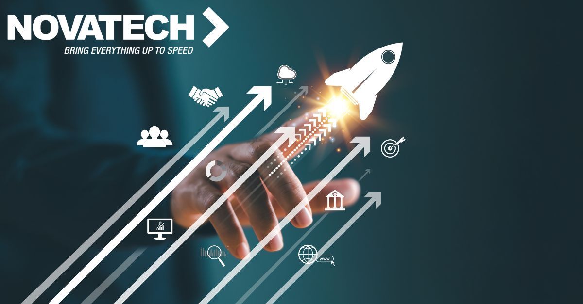 A hand points towards a rocket launching upwards, symbolizing growth and progress, with various business and technology