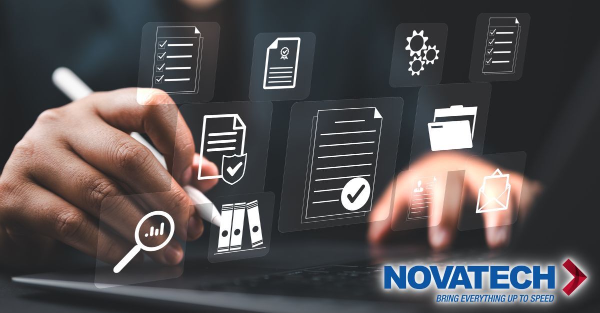 A person's hands interact with a digital interface displaying various document and workflow icons, suggesting a focus