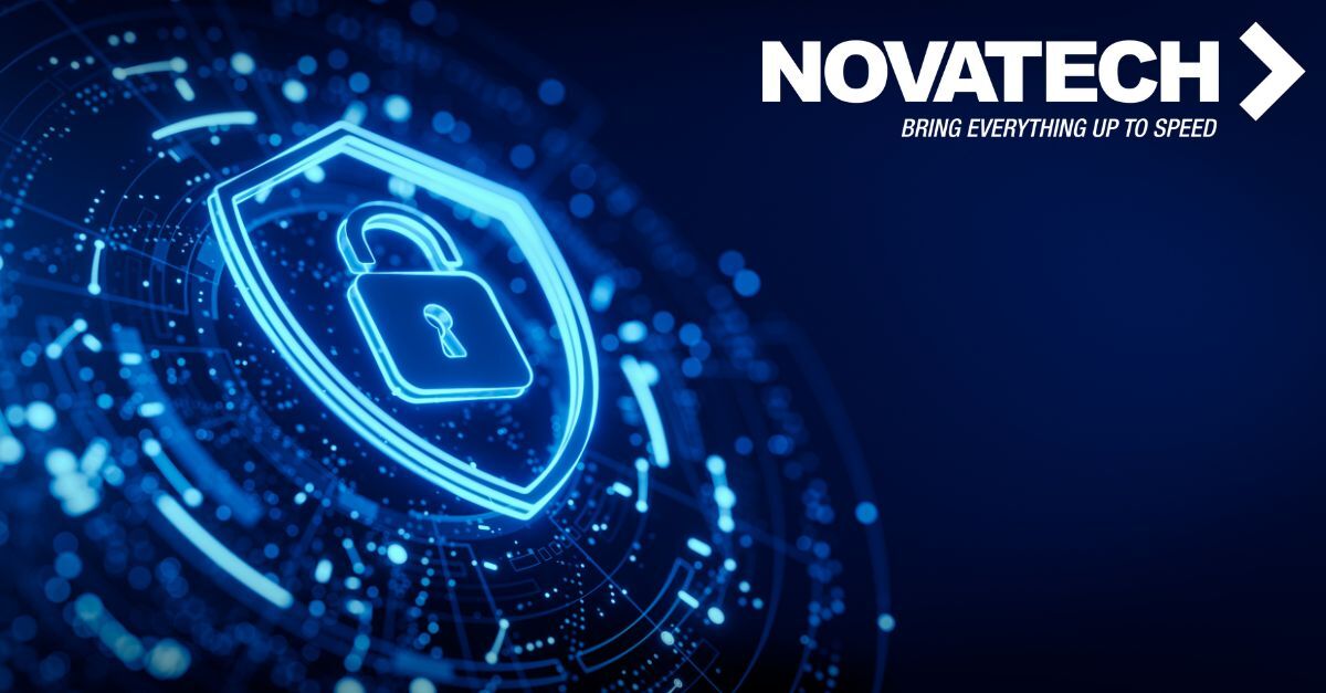 A digital shield with a padlock symbolizes cybersecurity, set against a backdrop of glowing circuitry and the Novatech