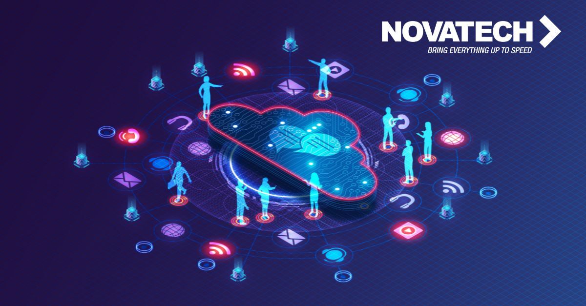 A digital cloud network connects various icons and stylized human figures, representing a technologically advanced