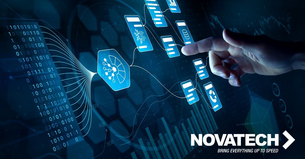 A hand interacts with a futuristic digital interface displaying binary code, data visualizations, and abstract icons,