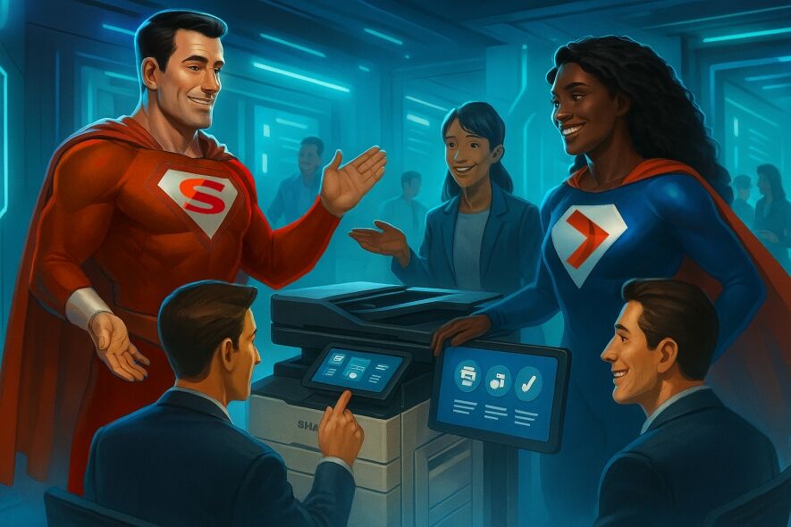 Two superheroes in red and blue costumes with capes interact with office workers around a copier in a futuristic office