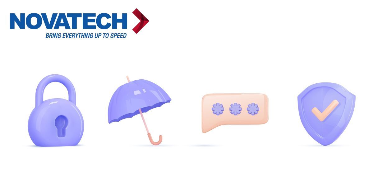 A company logo and four icons representing security, protection, passwords, and verification are displayed on a white