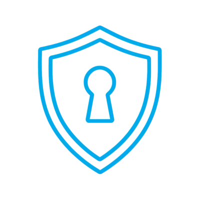 A blue shield with a keyhole in the center symbolizes security.