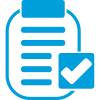 A blue clipboard icon with a checkmark signifies a completed task or a confirmed item.