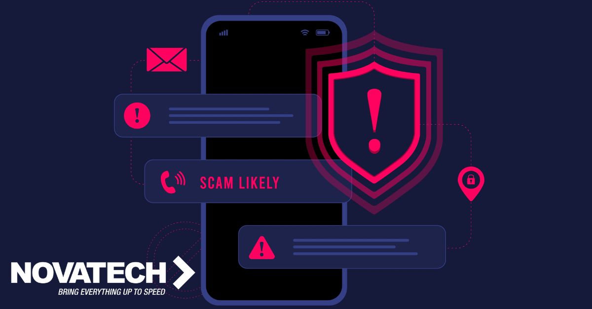 A smartphone displays various warning and scam notifications, overlaid with a protective shield, emphasizing digital