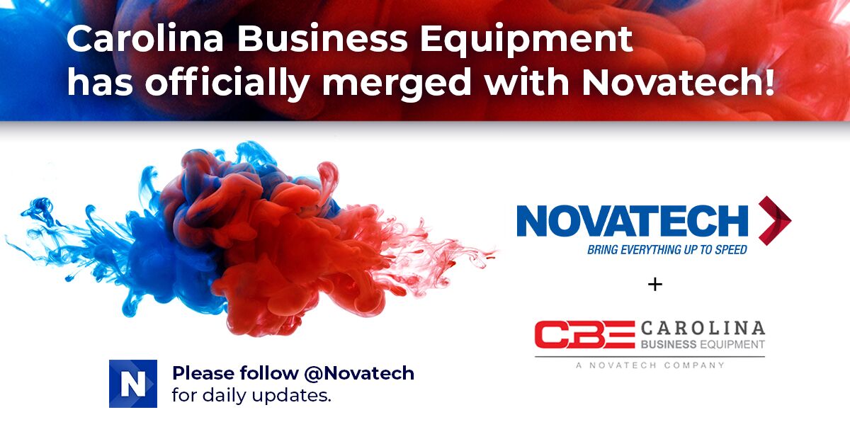 This image announces the merger of Carolina Business Equipment with Novatech, featuring their respective logos and a
