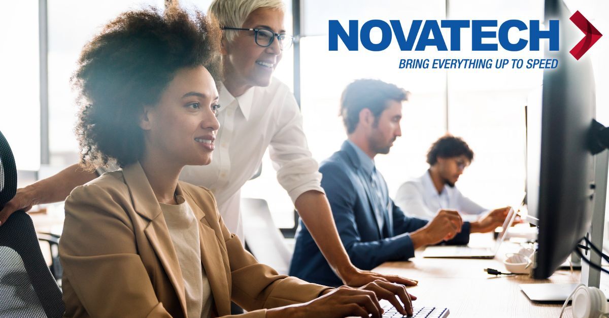 A diverse group of professionals collaborate in a modern office setting, with the Novatech logo prominently displayed.