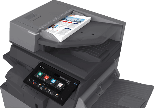 A Sharp multifunction printer/copier is prominently displayed with a document loaded in its automatic feeder and its