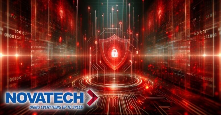 A digital shield with a padlock symbolizes cybersecurity amidst a futuristic, red-toned data stream, with the Novatech