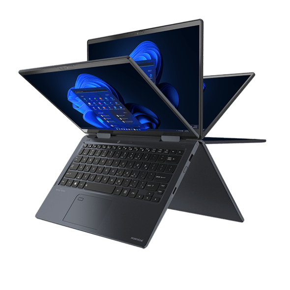 A dark gray convertible laptop is shown in a dynamic, open configuration, displaying its keyboard, touchpad, and