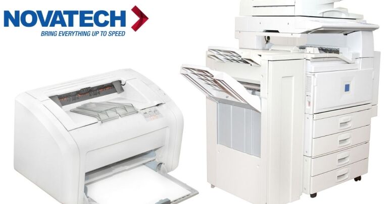 A Novatech logo is displayed above two white office machines, a printer on the left and a copier/multifunction printer