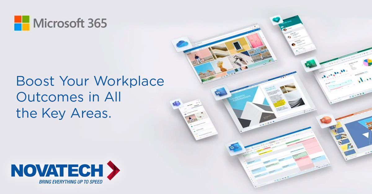 This image promotes Microsoft 365 as a solution to boost workplace outcomes, showcasing various application interfaces