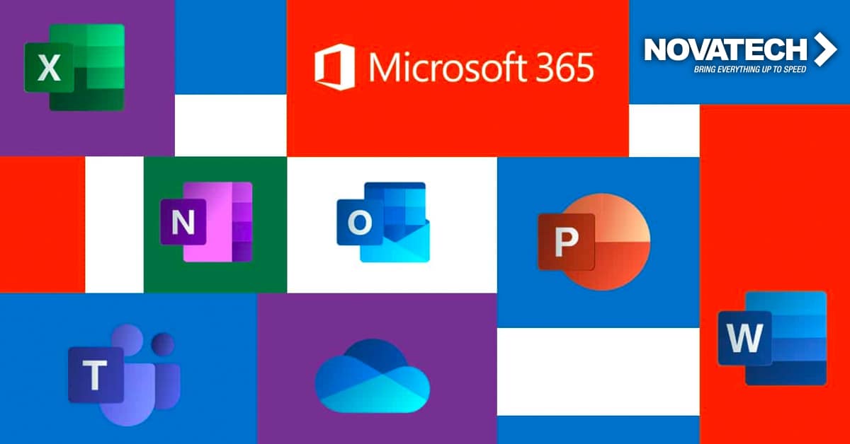 A collage of Microsoft 365 app icons and the Novatech logo is displayed against a vibrant, color-blocked background.