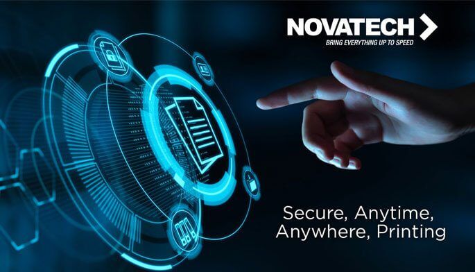 A hand points to a futuristic digital interface displaying document icons and security symbols, with the company name