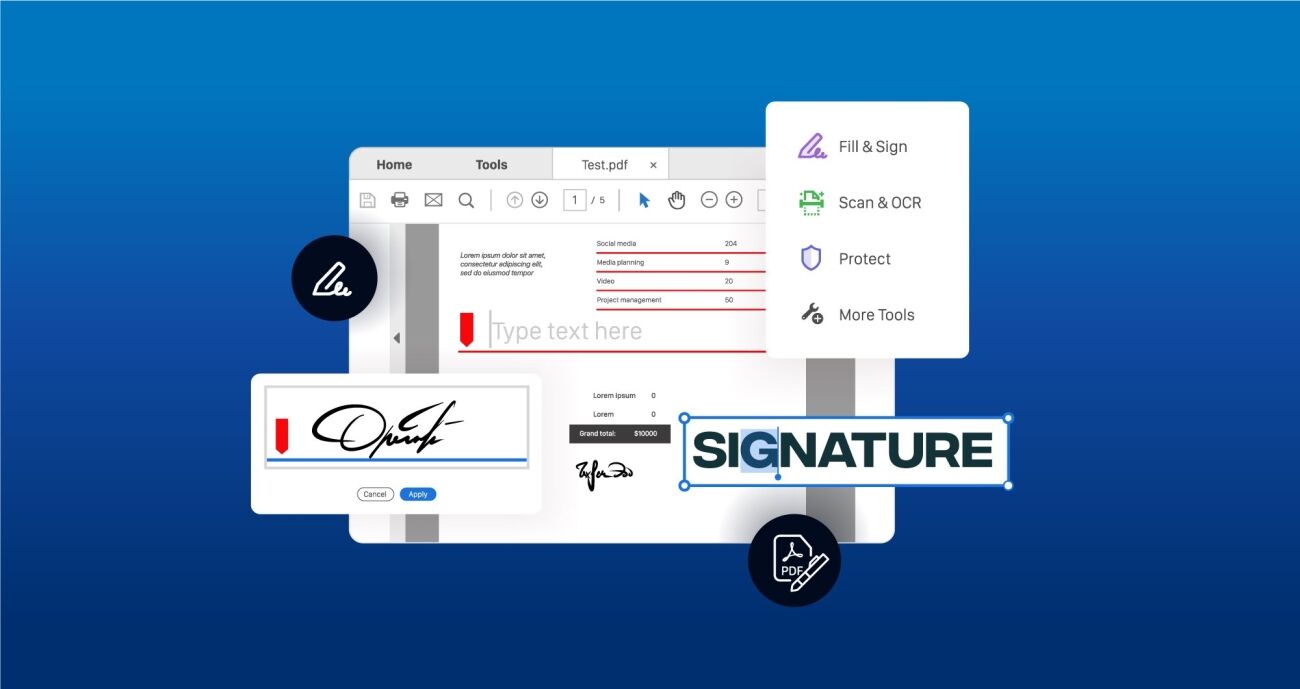 A digital document editing interface displays options for filling and signing, scanning, protecting, and accessing more