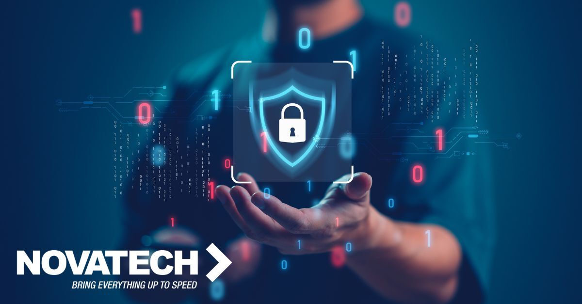 A hand holds a glowing digital security shield and padlock icon, surrounded by binary code and circuit patterns,