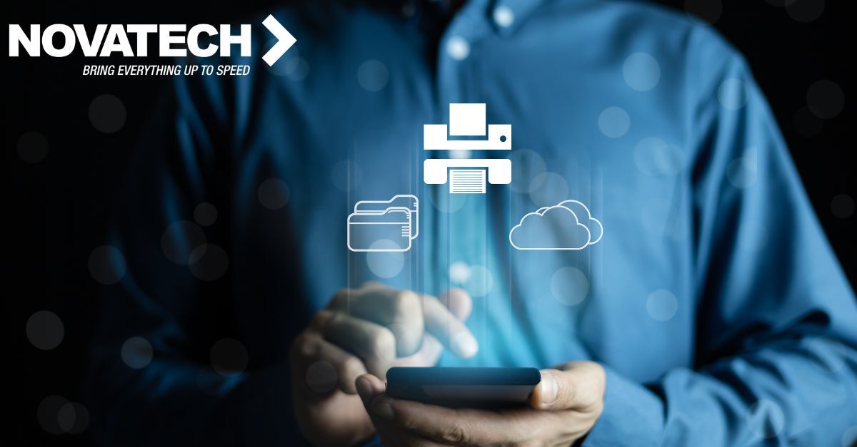 A person uses a smartphone to digitally manage and integrate printing, file storage, and cloud services, embodying