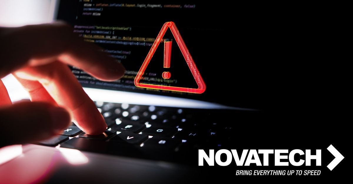 A hand types on a laptop displaying code and a warning symbol, with the Novatech logo at the bottom right.