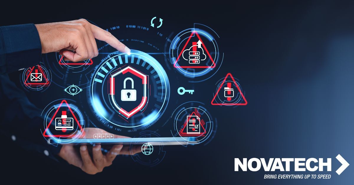 A person's hand interacts with a digital interface displaying cybersecurity icons, including a lock, an eye, a key, and