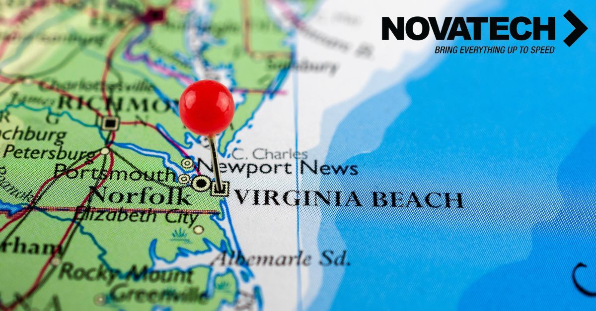 A map pin marks Norfolk, Virginia, on a map of the East Coast, with a company logo in the upper right corner.